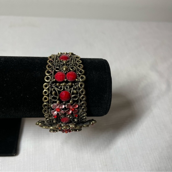 Vintage Large Pink and Red Floral and Jeweled Cuff Bracelet. Unique. Interesting - Picture 3 of 6